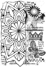 Load image into Gallery viewer, Woodware - Clear Singles Stamp - Broken Tile. A funky stamp that includes a mandala design as well as other panels all in one piece to give your project a grungy look. Size: 3.75x5.5 inches. Available at Embellish Away located in Bowmanville Ontario Canada.
