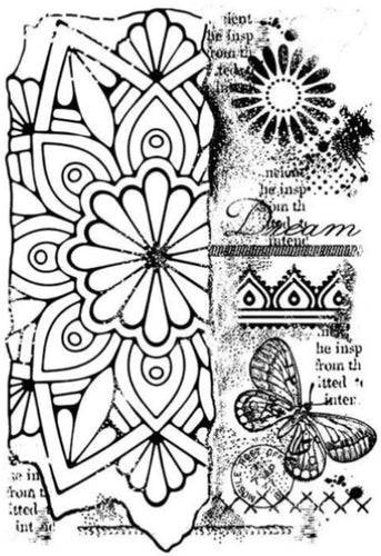 Woodware - Clear Singles Stamp - Broken Tile. A funky stamp that includes a mandala design as well as other panels all in one piece to give your project a grungy look. Size: 3.75x5.5 inches. Available at Embellish Away located in Bowmanville Ontario Canada.