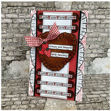 Load image into Gallery viewer, Woodware - Clear Singles Stamps - 4 in x 6 in - Love Tape Words. Designed by Francoise Read. These stamps would be perfect for cards and scrapbook pages as well as mixed media or fun décor projects. Available at Embellish Away located in Bowmanville Ontario Canada. card example by brand ambassador.
