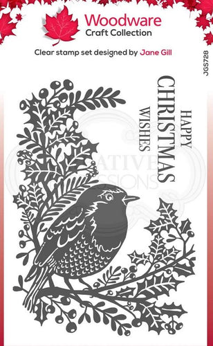 Woodware Craft Collection - Woodware Clear Singles Stamp Lino Cut - Robin and Holly. A bird sitting on a branch with winter foliage and the sentiment 