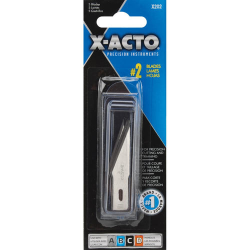 X-ACTO® -  #2 Refill Blades - 5/Pkg. X Acto-#2 Refill Blades. These blades have a sharp angle for precision cutting of medium to heavyweight materials. Use with B handle craft knives. This 1.75x5.25 inch package contains five #2 refill blades. Imported. Available at Embellish Away located in Bowmanville Ontario Canada.