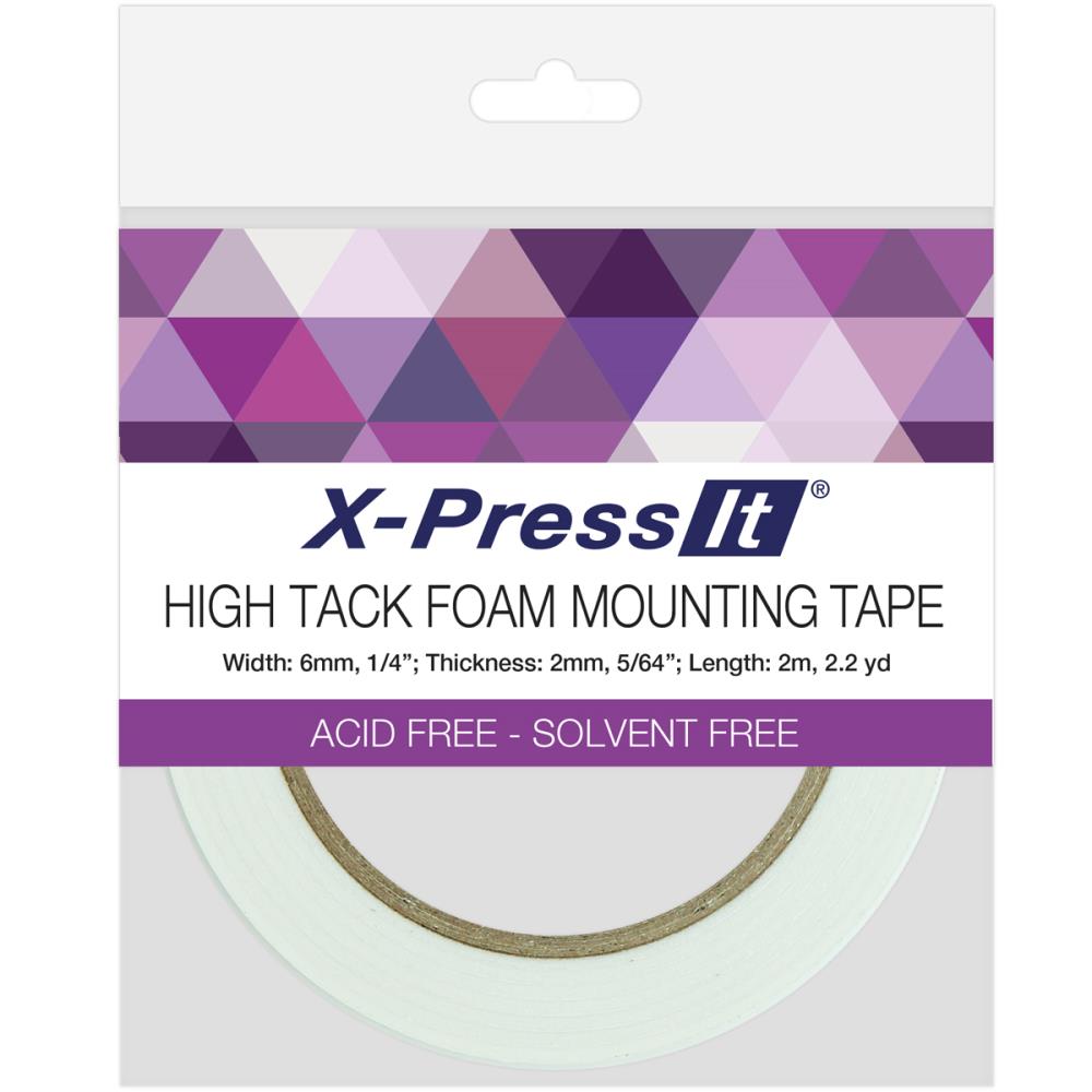 X-PRESS IT-High Tack Foam Mounting Tape. A great adhesive for metals, glass, wood, paper, plastic and fabric. Use it for mounting and to create 3-D effects. This package contains 2.2 yards of 6x2 mm inch foam tape. Acid and Solvent free. Imported. Available at Embellish Away located in Bowmanville Ontario Canada.