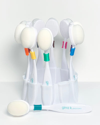 Gina K. Designs - Blending Brushes - Set of 10 With Stand and Colour Clips. Get a seamless color blend on your projects with the Gina K Designs Blending Brushes. These blending brushes are easy to use and work perfectly with stencils. Brush head is approximately 1 by 1.5 inches. Available at Embellish Away located in Bowmanville Ontario Canada.