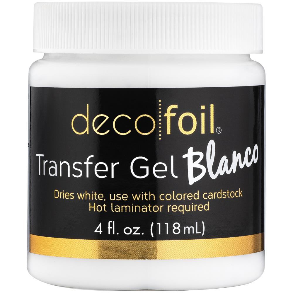 Deco Foil - Transfer Gel DUO 4Fl Oz. - White. This transfer gel dries white. For use with colored cardstock. This package contains 4oz of transfer gel. Imported. Made in USA. Available at Embellish Away located in Bowmanville Ontario Canada.