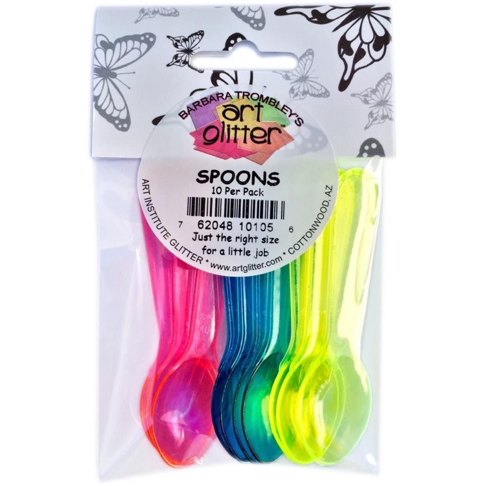 The mini spoons are designed to let just the right amount of glitter fall into place on a craft project. This package contains ten 3x.75 inch spoons in five colors (two of each color). Made in USA. Available at Embellish Away located in Bowmanville Ontario Canada.